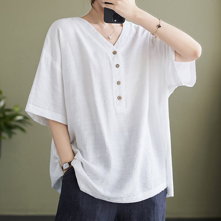 Chemise décontractée à manches courtes en viscose pour femme avec col en V et Buddha Stones