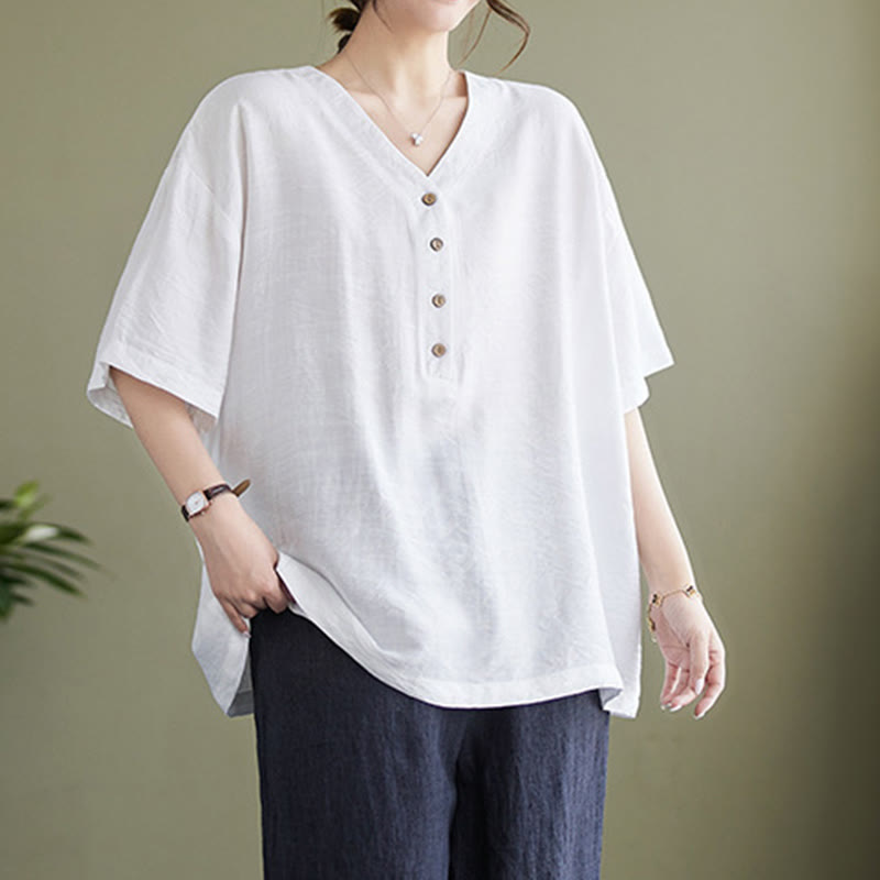 Chemise décontractée à manches courtes en viscose pour femme avec col en V et Buddha Stones