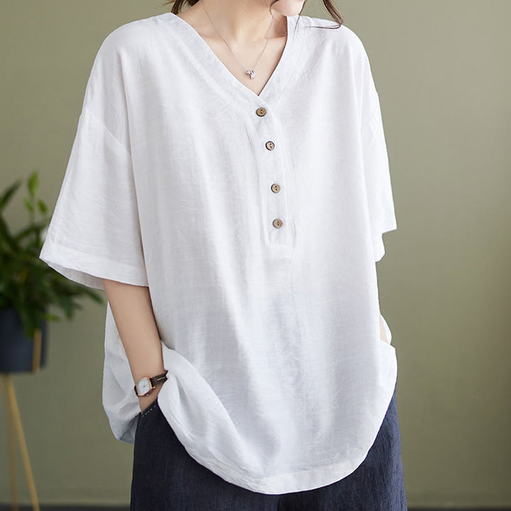 Chemise décontractée à manches courtes en viscose pour femme avec col en V et Buddha Stones