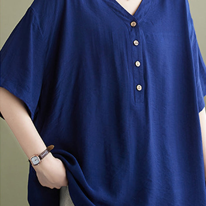 Chemise décontractée à manches courtes en viscose pour femme avec col en V et Buddha Stones