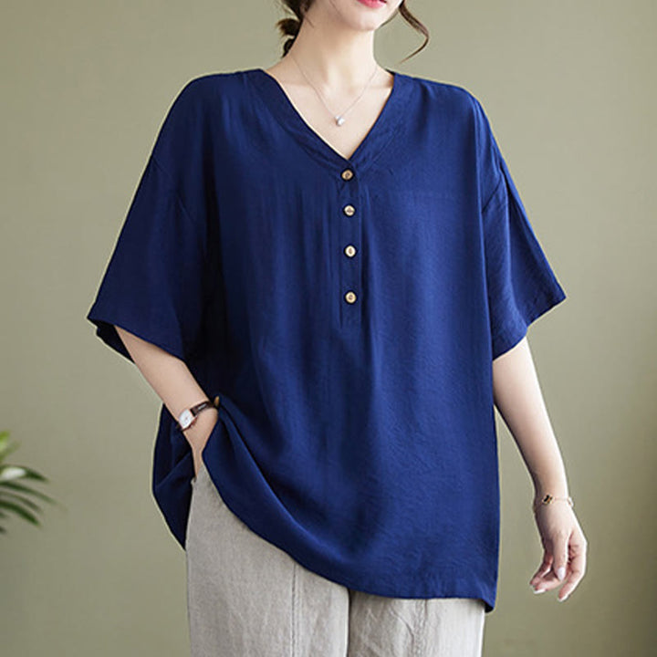 Chemise décontractée à manches courtes en viscose pour femme avec col en V et Buddha Stones - Bleu nuit - US14，UK/AU18，EU46 (3XL) - image 10