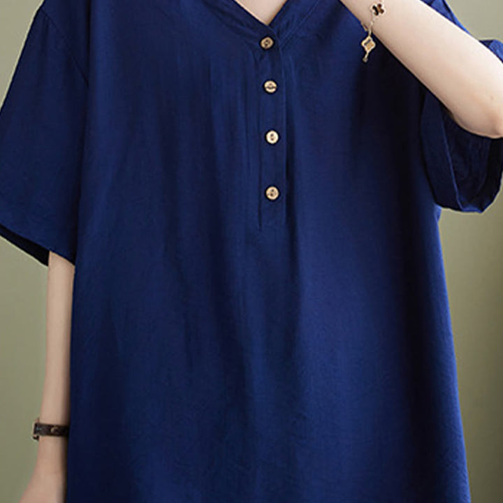 Chemise décontractée à manches courtes en viscose pour femme avec col en V et Buddha Stones