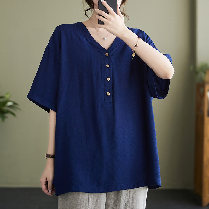 Chemise décontractée à manches courtes en viscose pour femme avec col en V et Buddha Stones