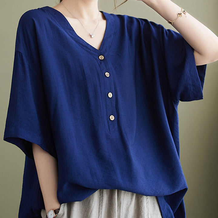 Chemise décontractée à manches courtes en viscose pour femme avec col en V et Buddha Stones
