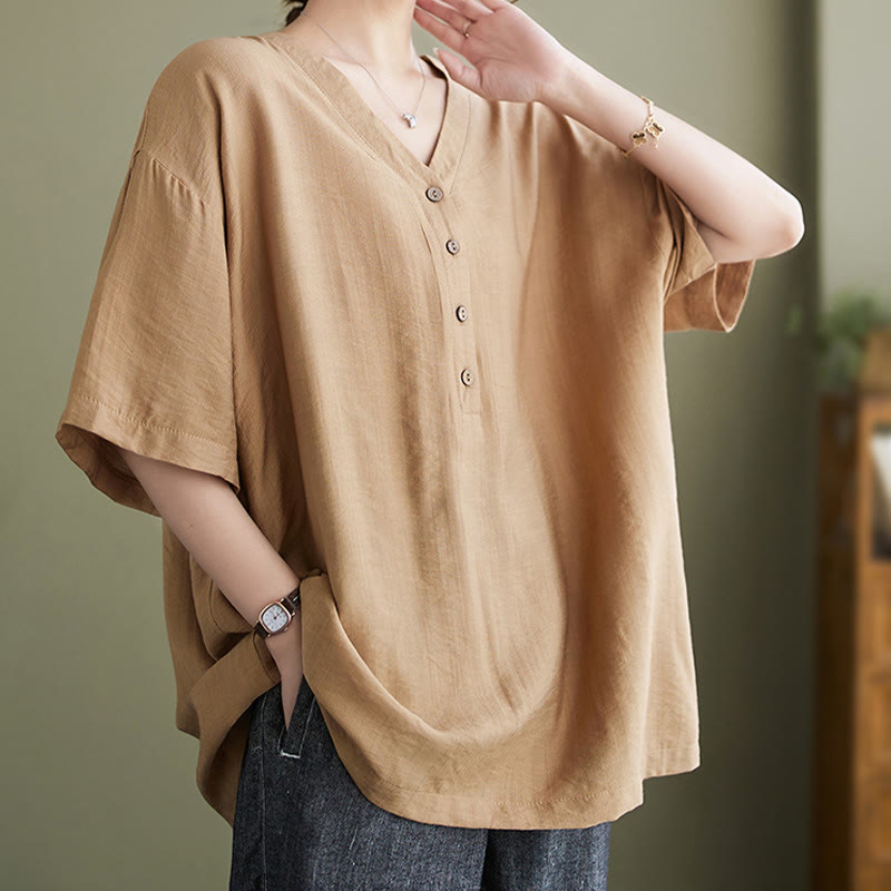 Chemise décontractée à manches courtes en viscose pour femme avec col en V et Buddha Stones