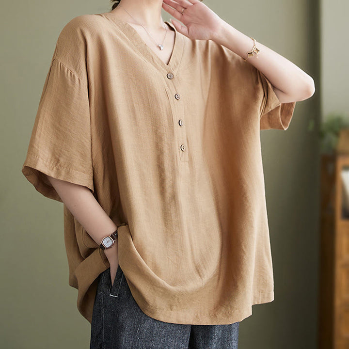 Chemise décontractée à manches courtes en viscose pour femme avec col en V et Buddha Stones