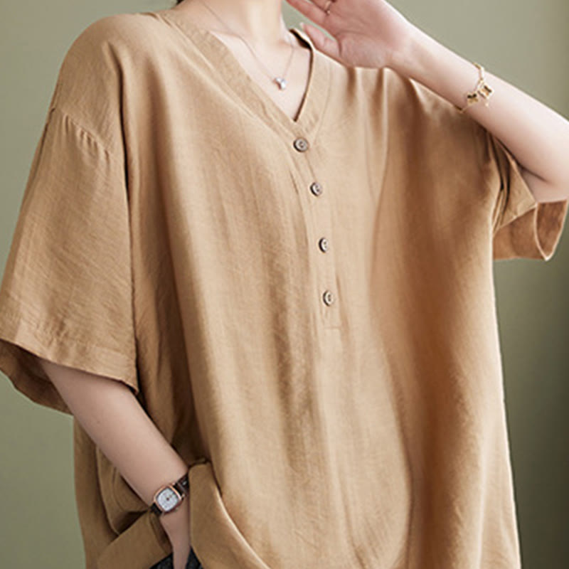 Chemise décontractée à manches courtes en viscose pour femme avec col en V et Buddha Stones