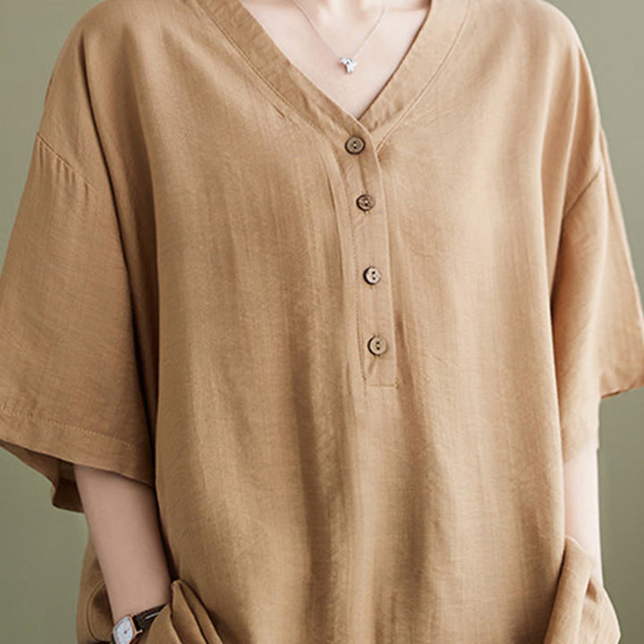 Chemise décontractée à manches courtes en viscose pour femme avec col en V et Buddha Stones