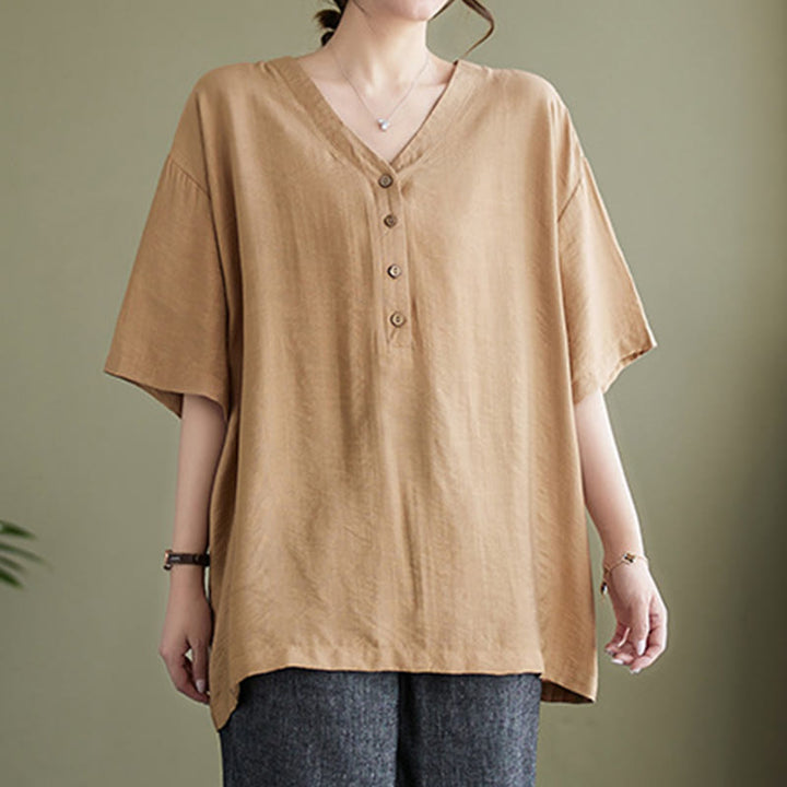 Chemise décontractée à manches courtes en viscose pour femme avec col en V et Buddha Stones
