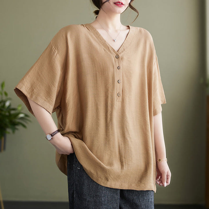 Chemise décontractée à manches courtes en viscose pour femme avec col en V et Buddha Stones