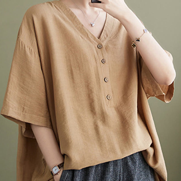 Chemise décontractée à manches courtes en viscose pour femme avec col en V et Buddha Stones