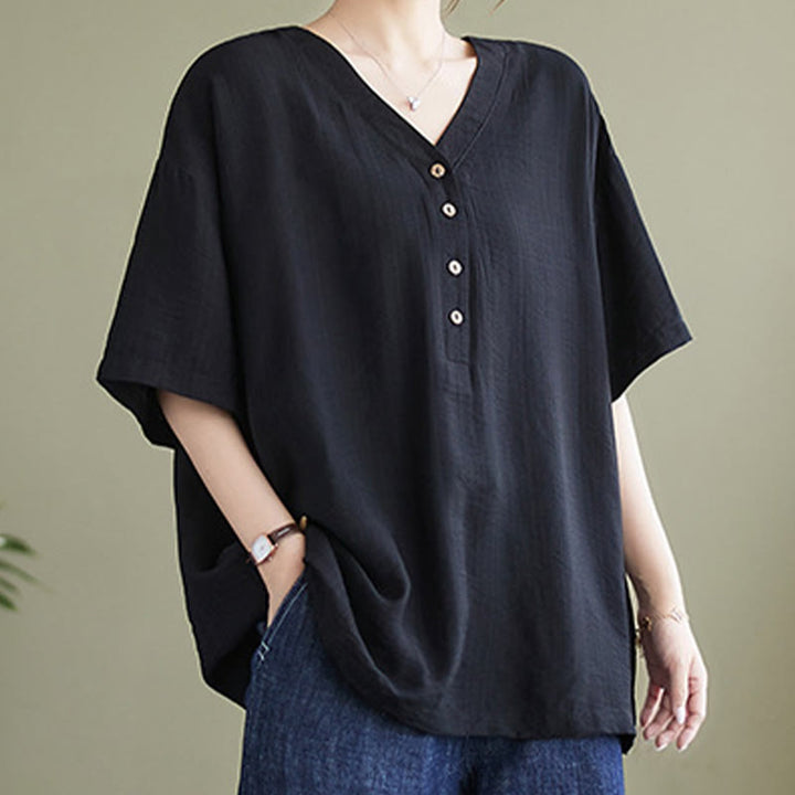 Chemise décontractée à manches courtes en viscose pour femme avec col en V et Buddha Stones