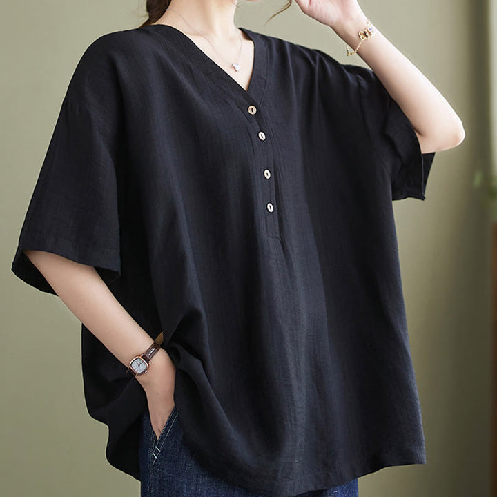 Chemise décontractée à manches courtes en viscose pour femme avec col en V et Buddha Stones