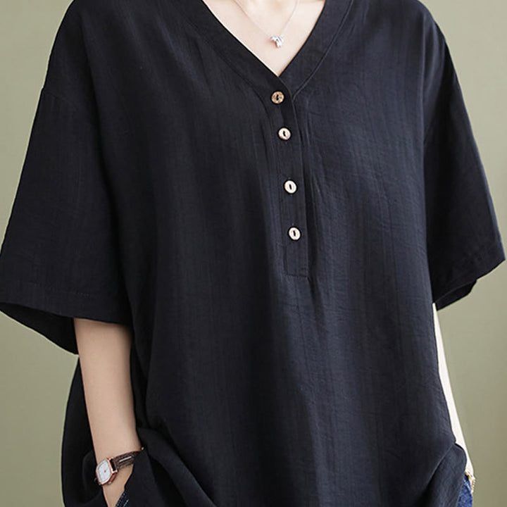 Chemise décontractée à manches courtes en viscose pour femme avec col en V et Buddha Stones
