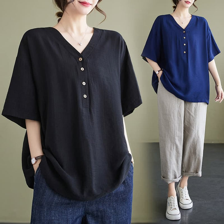 Chemise décontractée à manches courtes en viscose pour femme avec col en V et Buddha Stones