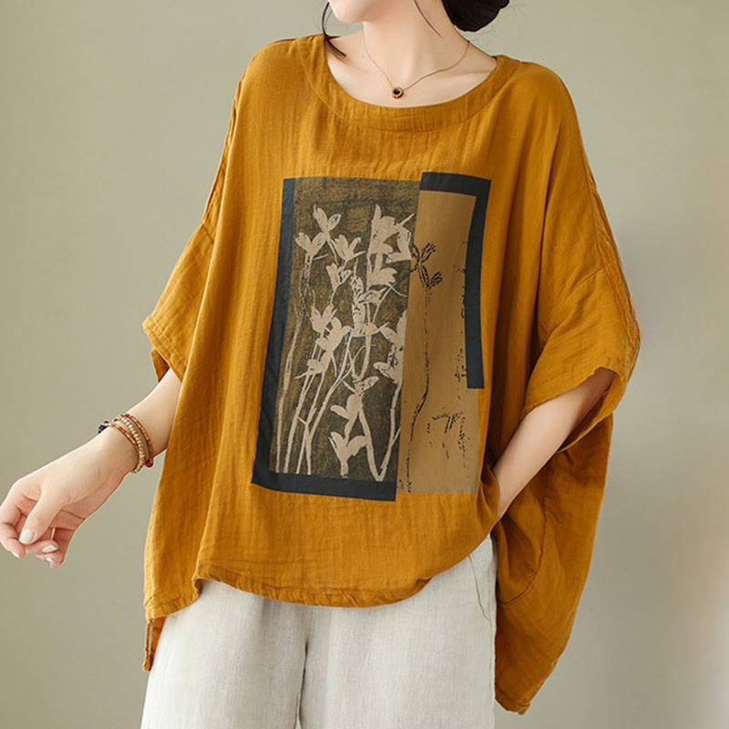 T-shirt décontracté à manches courtes en coton et élasthanne pour femme avec imprimé floral et Buddha Stones