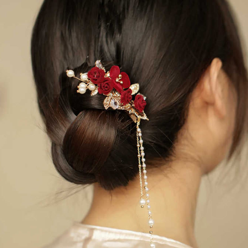 Pince à cheveux latérale à pompon en fleur de camélia rouge de style chinois rétro Buddha Stones