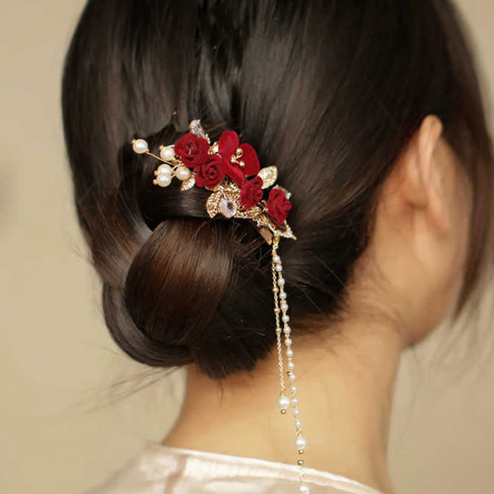 Pince à cheveux latérale à pompon en fleur de camélia rouge de style chinois rétro Buddha Stones