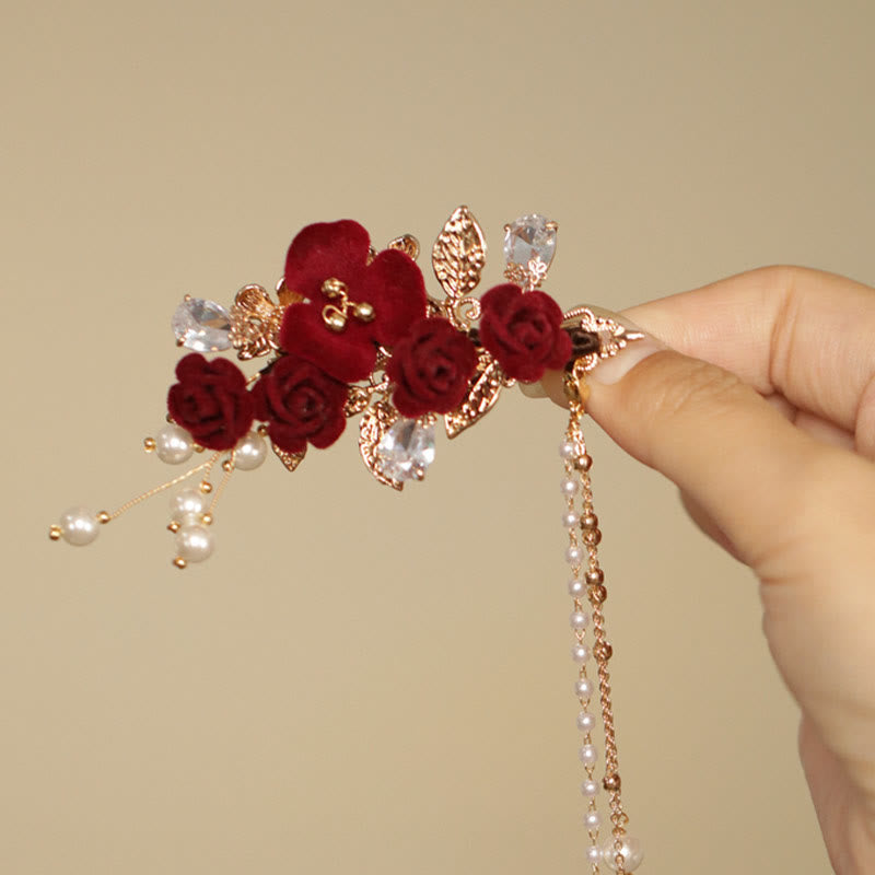 Pince à cheveux latérale à pompon en fleur de camélia rouge de style chinois rétro Buddha Stones