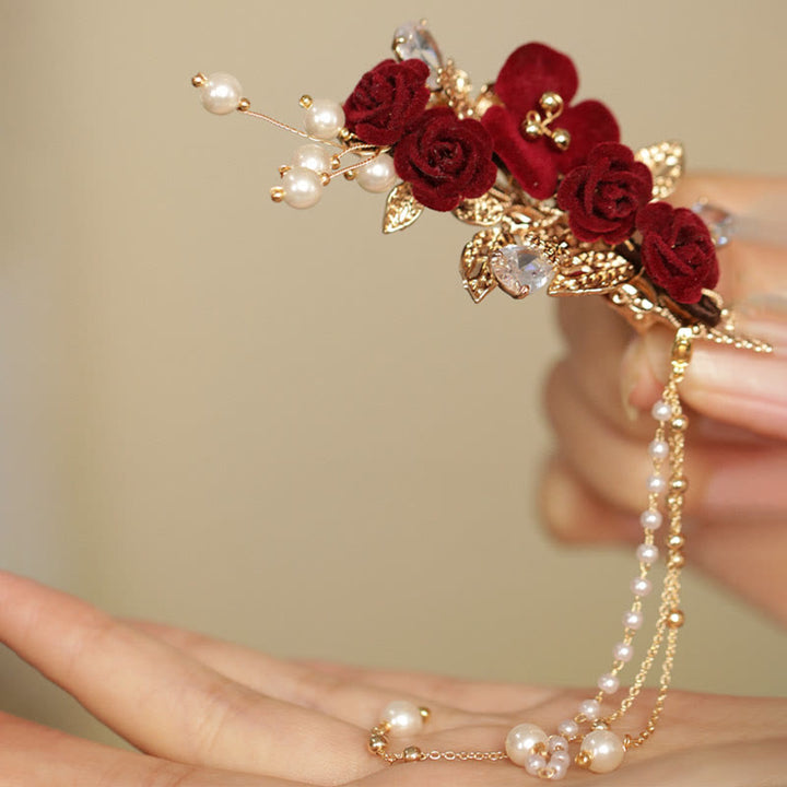 Pince à cheveux latérale à pompon en fleur de camélia rouge de style chinois rétro Buddha Stones