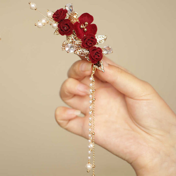 Pince à cheveux latérale à pompon en fleur de camélia rouge de style chinois rétro Buddha Stones