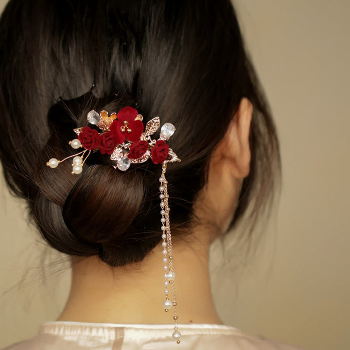Pince à cheveux latérale à pompon en fleur de camélia rouge de style chinois rétro Buddha Stones