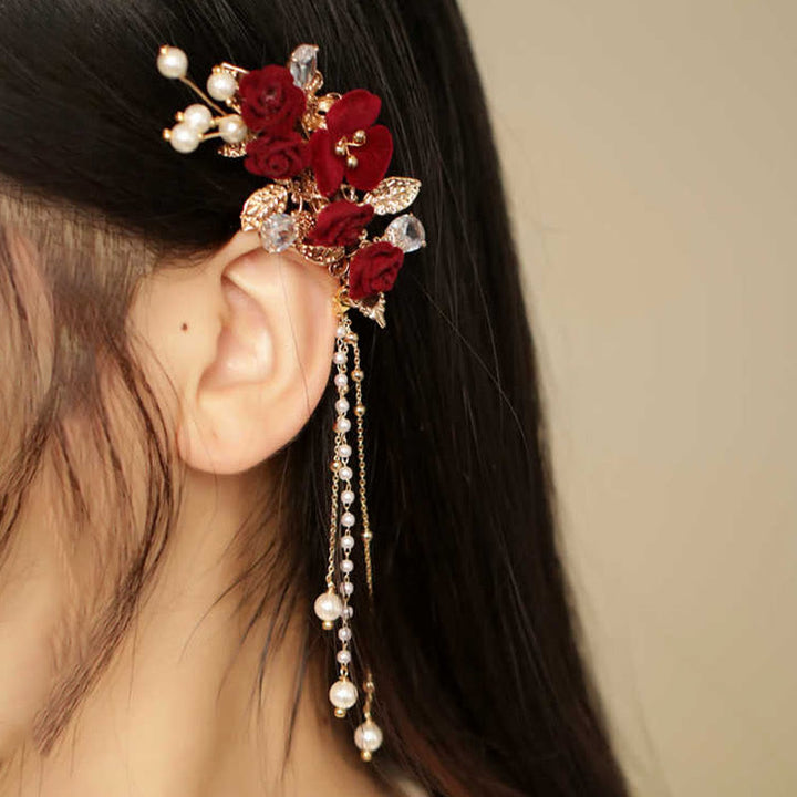 Pince à cheveux latérale à pompon en fleur de camélia rouge de style chinois rétro Buddha Stones