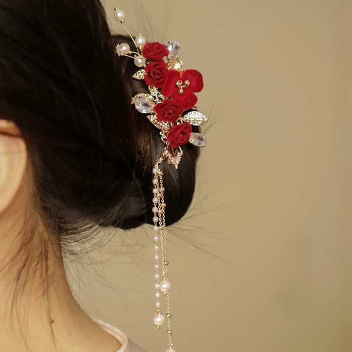 Pince à cheveux latérale à pompon en fleur de camélia rouge de style chinois rétro Buddha Stones