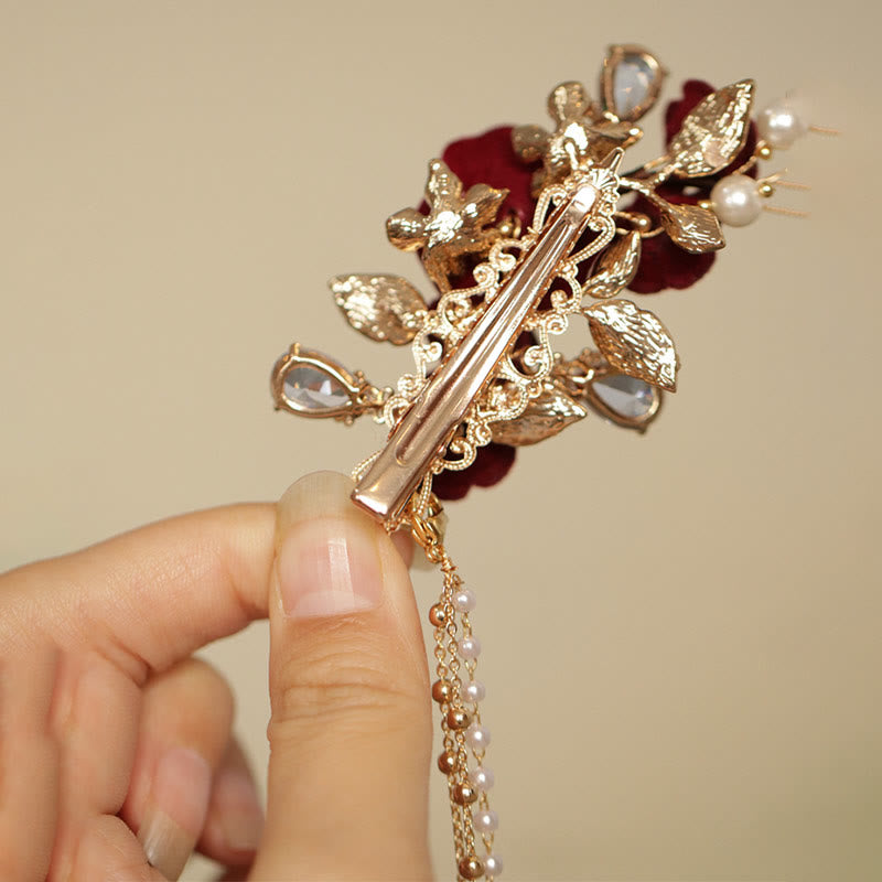 Pince à cheveux latérale à pompon en fleur de camélia rouge de style chinois rétro Buddha Stones