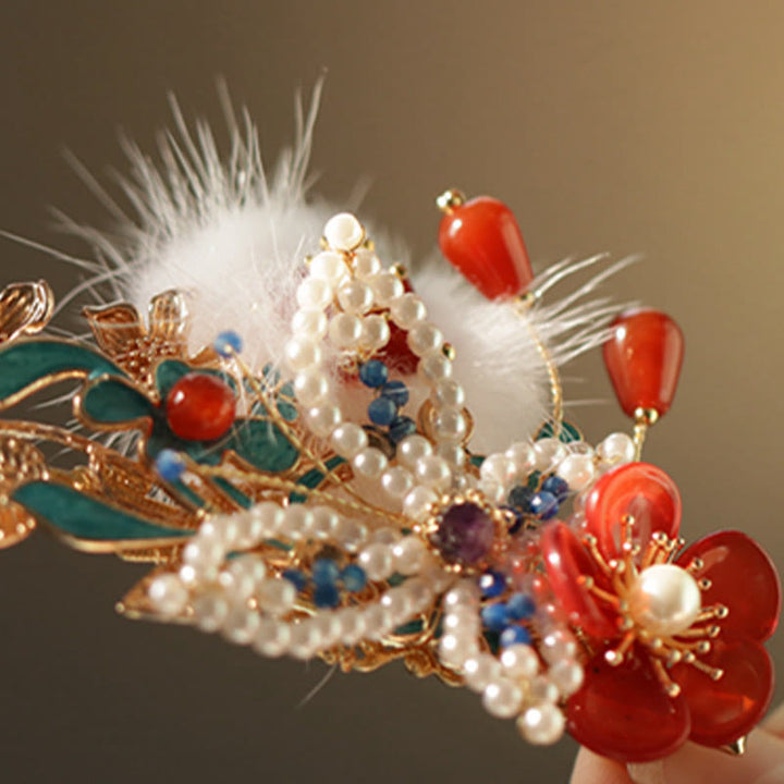 Pince à cheveux en perles et papillons en forme de fleur rouge de style chinois classique Buddha Stones