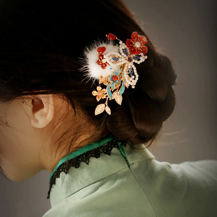 Pince à cheveux en perles et papillons en forme de fleur rouge de style chinois classique Buddha Stones