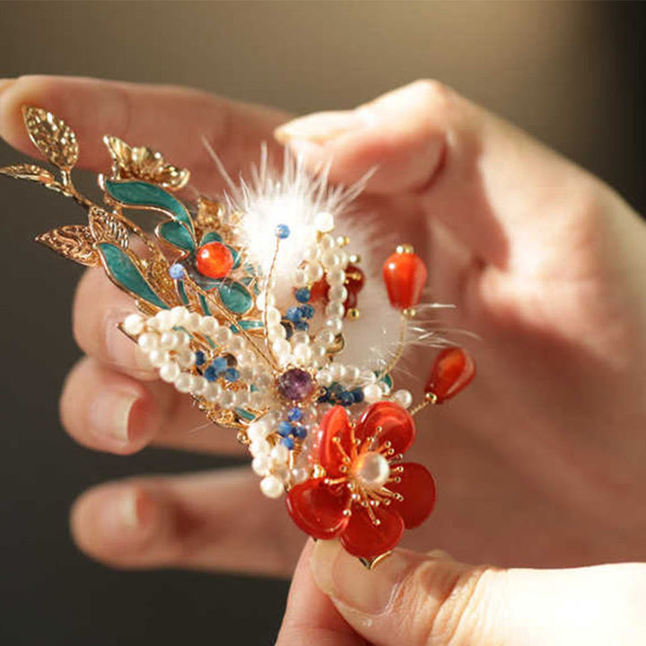 Pince à cheveux en perles et papillons en forme de fleur rouge de style chinois classique Buddha Stones