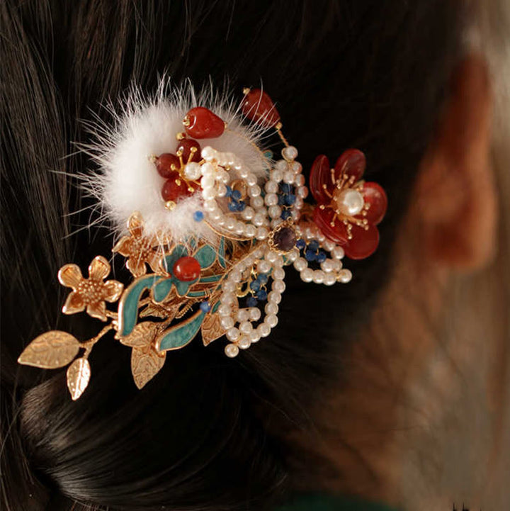 Pince à cheveux en perles et papillons en forme de fleur rouge de style chinois classique Buddha Stones