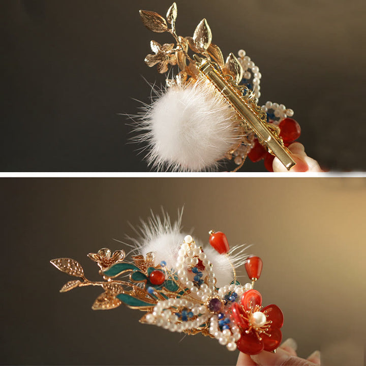 Pince à cheveux en perles et papillons en forme de fleur rouge de style chinois classique Buddha Stones
