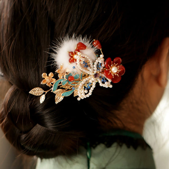 Pince à cheveux en perles et papillons en forme de fleur rouge de style chinois classique Buddha Stones