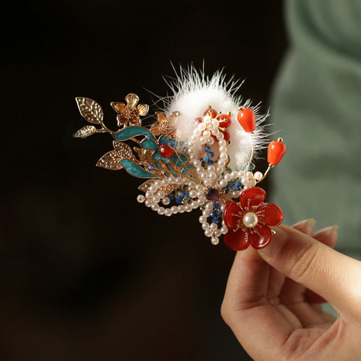 Pince à cheveux en perles et papillons en forme de fleur rouge de style chinois classique Buddha Stones