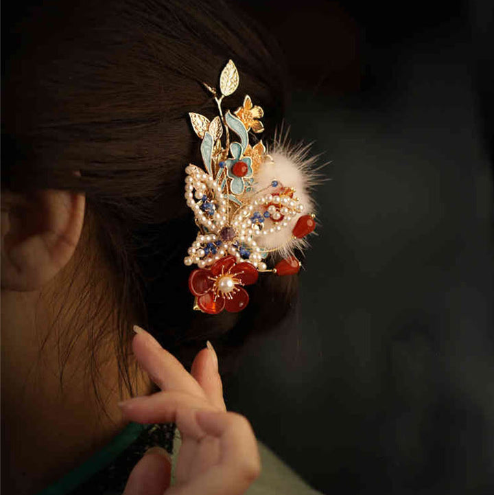 Pince à cheveux en perles et papillons en forme de fleur rouge de style chinois classique Buddha Stones