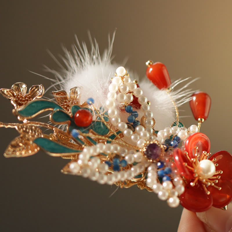 Pince à cheveux en perles et papillons en forme de fleur rouge de style chinois classique Buddha Stones