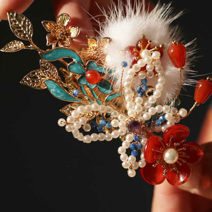 Pince à cheveux en perles et papillons en forme de fleur rouge de style chinois classique Buddha Stones