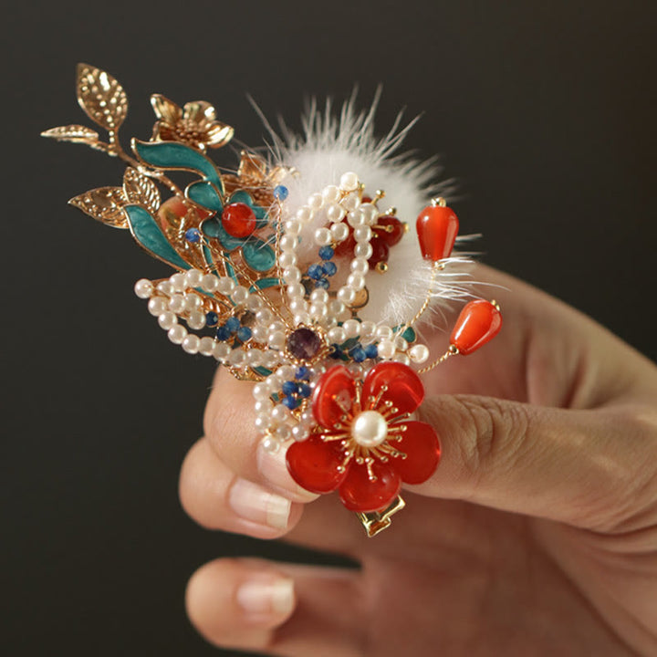 Pince à cheveux en perles et papillons en forme de fleur rouge de style chinois classique Buddha Stones