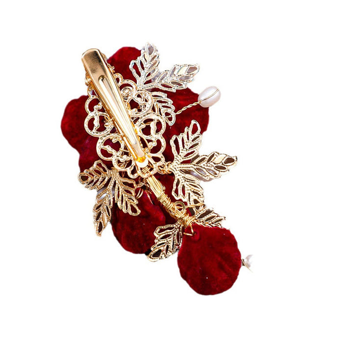 Pince à cheveux latérale vintage rouge camélia Buddha Stones