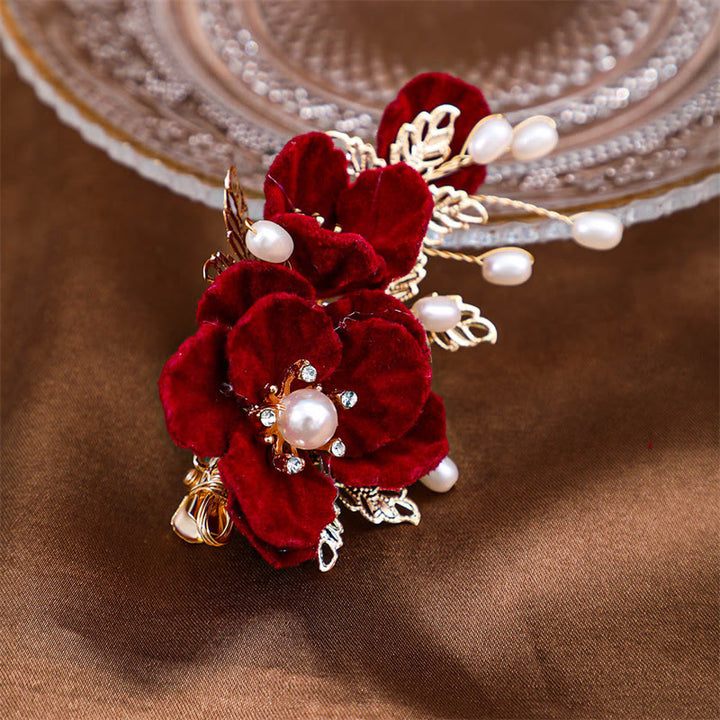 Pince à cheveux latérale vintage rouge camélia Buddha Stones