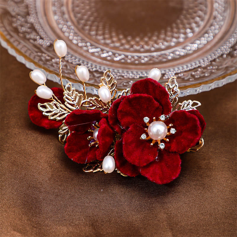 Pince à cheveux latérale vintage rouge camélia Buddha Stones