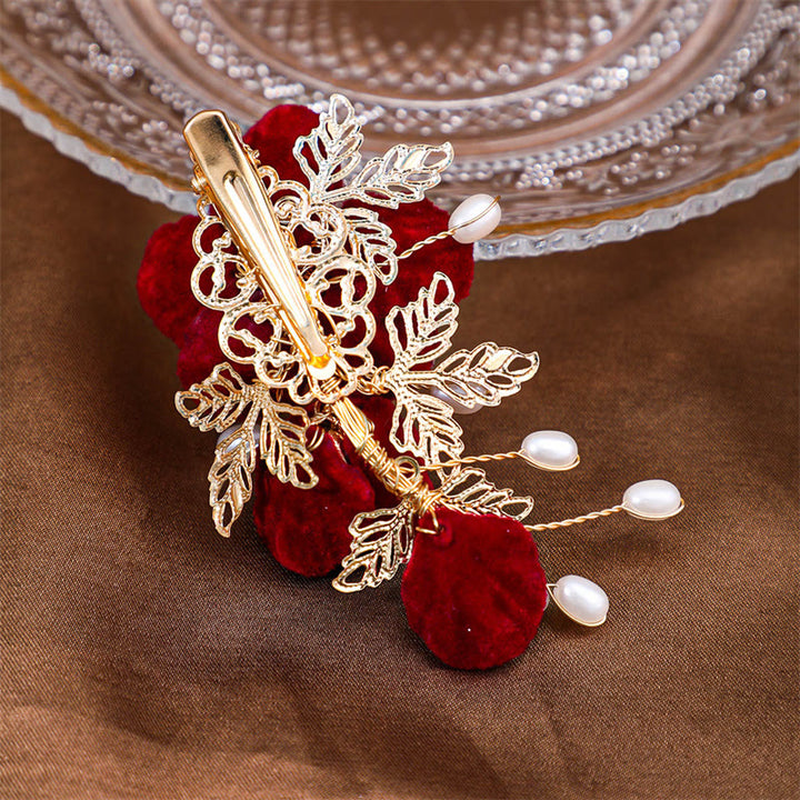 Pince à cheveux latérale vintage rouge camélia Buddha Stones
