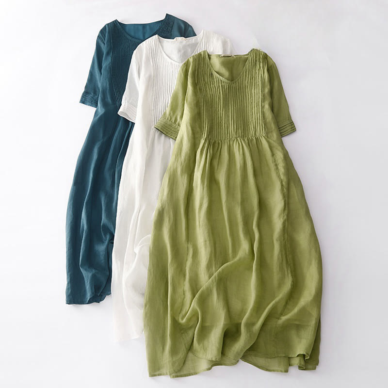 Robe midi décontractée en coton à Buddha Stones accordéon et col en V, manches courtes et poches - image 1