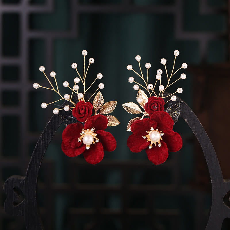 Ensemble de pinces à cheveux à pompon et perles en Buddha Stones antiques et fleurs rouges