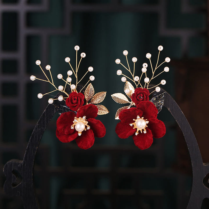 Ensemble de pinces à cheveux à pompon et perles en Buddha Stones antiques et fleurs rouges