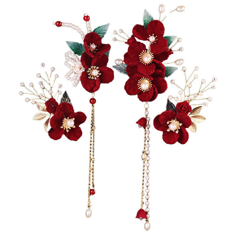 Ensemble de pinces à cheveux à pompon et perles en Buddha Stones antiques et fleurs rouges