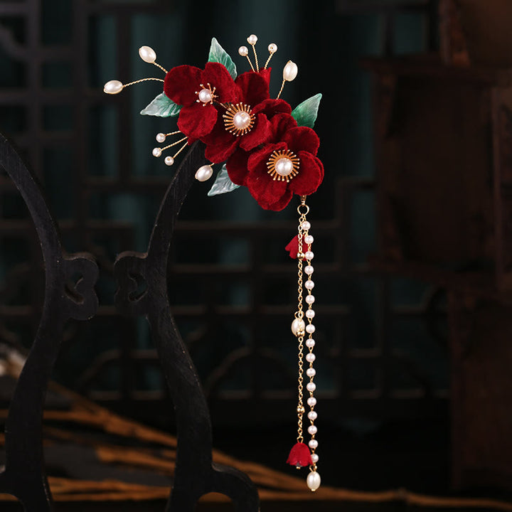Ensemble de pinces à cheveux à pompon et perles en Buddha Stones antiques et fleurs rouges