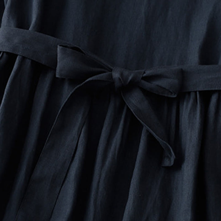 Robe mi-longue décontractée en coton et lin à col ras du cou et lacets, avec poches - image 6